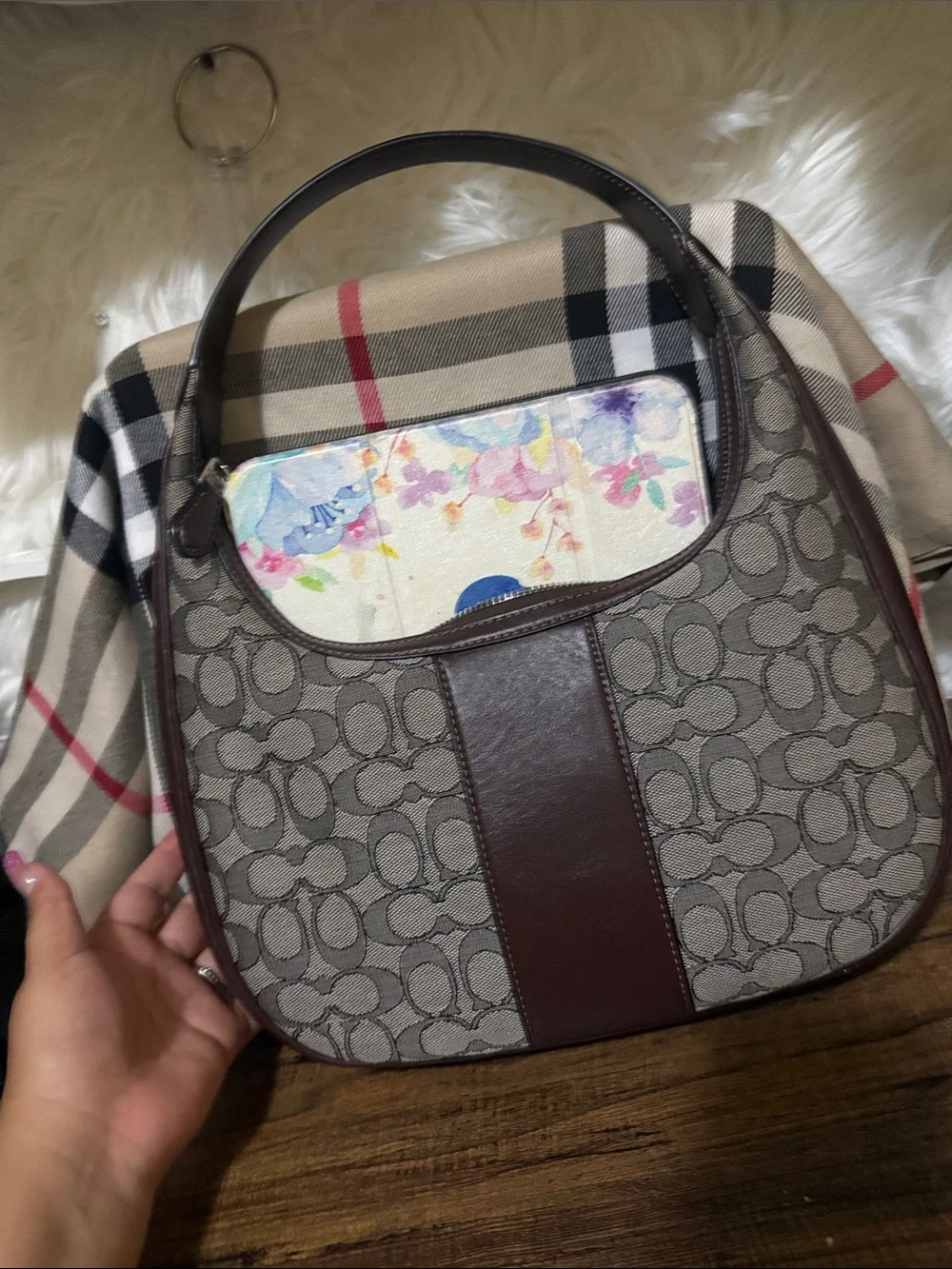 Coach Brown Signature Canvas Shoulder Hobo with Dark Brown Leather Trim